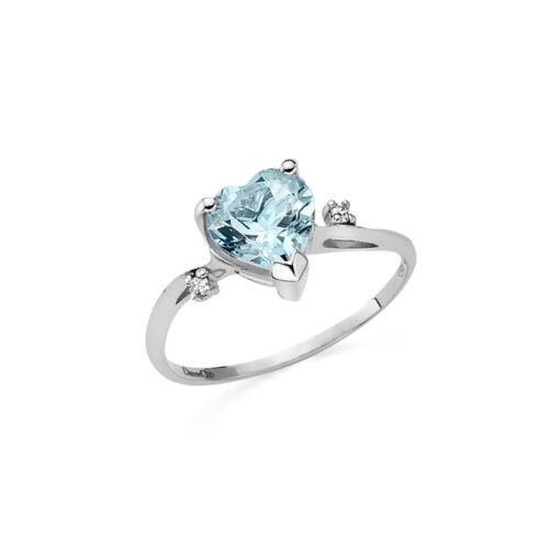 Anello DonnaOro acquamarina a cuore, oro bianco e diamanti