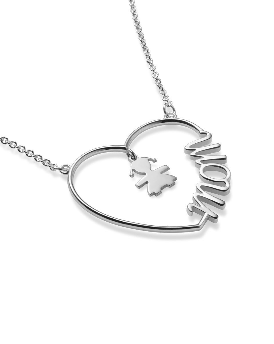 COLLANA LEBEBE' CUORE DI MAMMA CON SAGOMA BIMBA IN ARGENTO