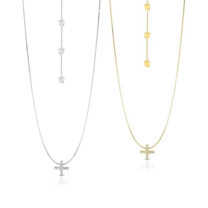 Collana croce e angeli oro e diamanti