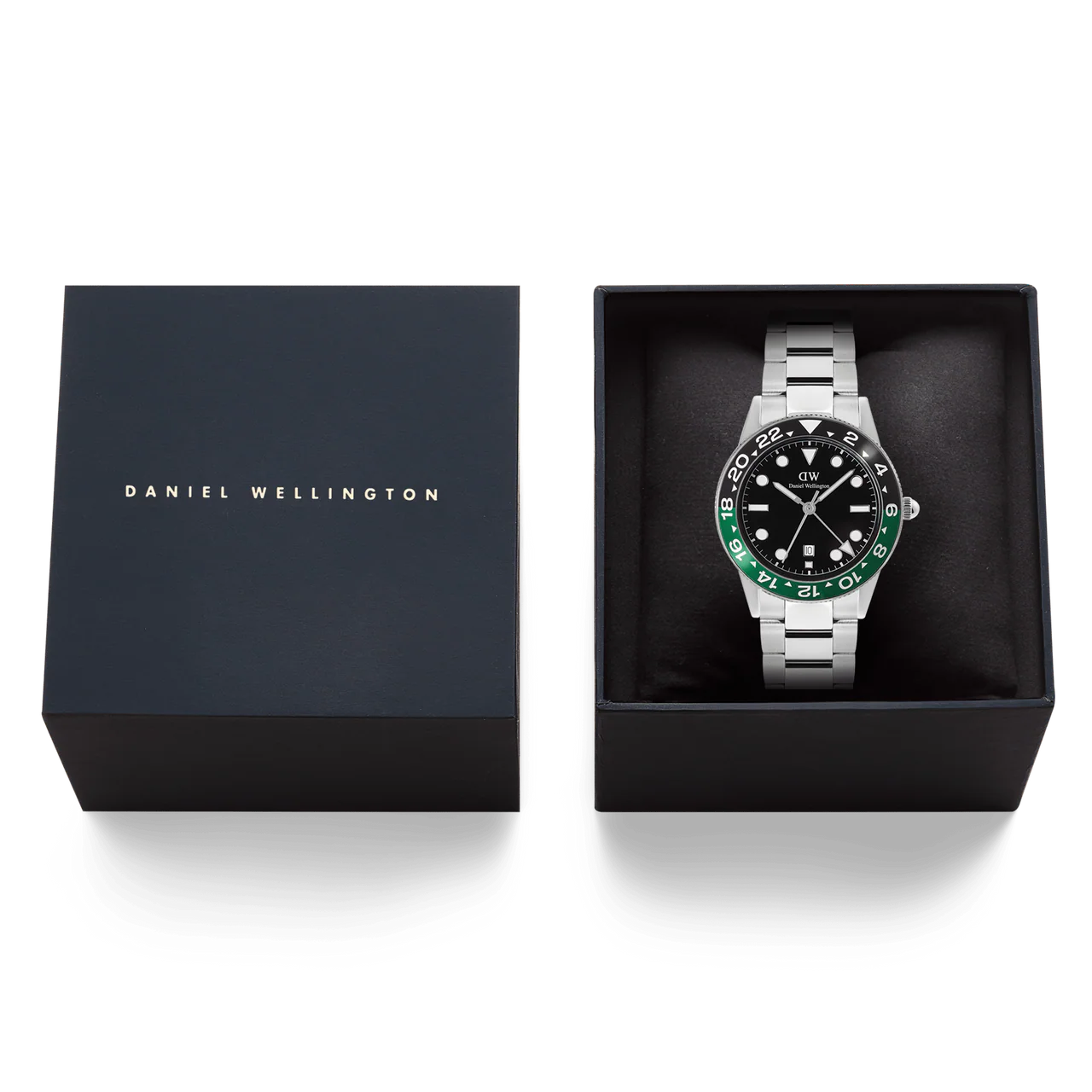 Daniel Wellington Iconic GMT Link Black Green Ceramic Bezel Silver