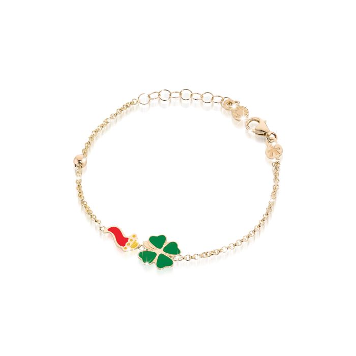 Bracciale LeBebé con cornetto e quadrifoglio in oro giallo